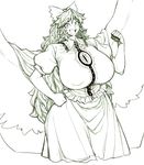  breasts clenched_hand commentary_request covered_nipples hair_ribbon hand_on_hip highres huge_breasts long_hair looking_at_viewer monochrome open_mouth reiuji_utsuho ribbon skirt smile solo space_jin standing third_eye touhou white_background wings 