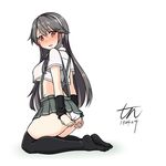  alternate_costume asashio_(kantai_collection) asashio_(kantai_collection)_(cosplay) ass black_hair black_legwear blush breasts commentary_request cosplay dated full_body grey_skirt hair_ornament hairband hairclip haruna_(kantai_collection) kantai_collection long_hair looking_back medium_breasts microskirt midriff miniskirt open_clothes open_mouth open_shirt panties pleated_skirt shirt short_sleeves signature simple_background skirt solo striped striped_panties suspender_skirt suspenders thighhighs thighs tun underboob undersized_clothes underwear white_background white_hairband white_panties white_shirt 