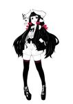  :d animal_ears bangs black_hair black_ribbon blunt_bangs breath doyagao full_body fur_trim grin hair_ribbon hands_in_pockets high_heels horned_girl_(jaco) horns jacket jaco long_hair long_sleeves looking_at_viewer monochrome neck_ribbon open_mouth original parted_lips red_eyes ribbon shirt shorts simple_background slit_pupils smile smug solo spot_color standing thighhighs tress_ribbon v-shaped_eyebrows very_long_hair white_background 