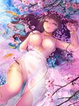  breasts brown_hair cherry_blossoms circlet closed_eyes flower jewelry large_breasts long_hair loolook lying necklace o-ring on_back original see-through solo 
