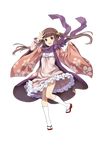  :d brown_eyes brown_hair floral_print frilled_skirt frills full_body hand_up highres kisaragi_(princess_principal) kneehighs long_hair looking_at_viewer official_art open_mouth pink_skirt princess_principal princess_principal_game_of_mission purple_scarf sandals scarf skirt smile standing standing_on_one_leg transparent_background white_legwear wide_sleeves 