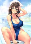  1girl arm_up blue_eyes blush breasts brown_hair cleavage competition_swimsuit day hair_between_eyes highleg highleg_swimsuit highres huge_breasts kekemotsu long_breasts long_hair looking_at_viewer one-piece_swimsuit open_mouth original outdoors pool sagging_breasts sitting smile solo starting_block swim_cap swim_cap_removed swimsuit towel towel_on_head wet 