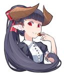  animal_ears black_hair checkerboard_cookie closed_mouth cookie food hair_ribbon holding holding_food horned_girl_(jaco) horns jaco long_hair looking_at_viewer original ponytail puffy_short_sleeves puffy_sleeves red_eyes ribbon short_sleeves simple_background slit_pupils smile solo upper_body white_background 