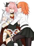  1girl ahoge astolfo_(fate) black_legwear black_skirt bow cape chaldea_uniform fang fate/apocrypha fate/grand_order fate_(series) frottage fujimaru_ritsuka_(female) garter_straps grabbing hair_bow hair_ornament hair_scrunchie leg_up long_hair looking_at_another one_eye_closed open_mouth orange_hair orange_scrunchie otoko_no_ko pantyhose parted_lips pink_hair piro_(iiiiiiiiii) purple_eyes scrunchie side_ponytail skirt smile thighhighs yellow_eyes 