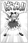  cirno clenched_hands commentary_request dress grass greyscale hair_ribbon ice ice_wings leaning_forward mary_janes monochrome open_mouth ribbon shoes short_hair shouting socks solo space_jin speed_lines standing touhou translated wings 