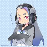 artist_name collarbone commentary_request empty_eyes forehead giant_penguin_(kemono_friends) grey_hair grin headphones highres hood hood_down hoodie kemono_friends long_hair looking_at_viewer mudou_eichi pink_eyes polka_dot polka_dot_background smile solo teeth thick_eyebrows translated twitter_username upper_body zipper_pull_tab 