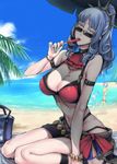  aqua_nails ascot ball beach beachball bikini bracelet breasts carmilla_(fate/grand_order) cleavage collar commentary_request curly_hair dagger day eating fate/grand_order fate_(series) fingernails food food_on_body high_heels highres horns jack_the_ripper_(fate/apocrypha) jewelry large_breasts layered_bikini long_fingernails long_hair looking_at_viewer mordred_(fate)_(all) mordred_(swimsuit_rider)_(fate) multiple_girls nail_polish nakamura_regura navel ocean palm_tree ponytail popsicle running sarong sharp_fingernails silver_hair sitting solo_focus summertime_mistress_(fate/grand_order) sunglasses swimsuit tree umbrella wariza weapon yellow_eyes 
