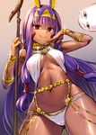  akanagi_youto animal_ears arm_up bangle bangs bare_shoulders bracelet breasts bunny_ears closed_mouth commentary_request dark_skin earrings egyptian_clothes facepaint fate/grand_order fate_(series) from_below glint gradient gradient_background hair_tubes hairband highres holding holding_staff jewelry legs_apart long_hair looking_at_viewer looking_down medium_breasts medjed navel nitocris_(fate/grand_order) panties purple_background purple_eyes purple_hair shiny shiny_skin sidelocks smile solo_focus staff standing stomach two-tone_hairband underboob underwear very_long_hair white_panties 