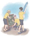  :p beach_umbrella black_hair blonde_hair blue_eyes chalk chalkboard crocs english green_eyes highres katsuki_yuuri makkachin male_focus multiple_boys sandals shorts silver_hair snowchild squatting tongue tongue_out umbrella viktor_nikiforov walking yuri!!!_on_ice yuri_plisetsky 