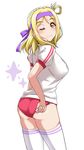 ;) ass blonde_hair blush braid breasts buruma clenched_hand commentary_request crown_braid double_vertical_stripe gym_uniform hachimaki hair_rings hand_on_own_ass headband highres large_breasts looking_back love_live! love_live!_sunshine!! ohara_mari one_eye_closed purple_ribbon ribbon short_sleeves simple_background smile solo thighhighs white_background white_legwear yellow_eyes yopparai_oni 