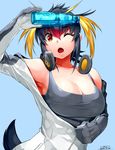  ;o armpits bare_shoulders black_hair black_shirt blonde_hair blue_background bottle bottle_to_forehead breasts cleavage dated eyebrows_visible_through_hair hair_between_eyes happa_(cloverppd) headphones jacket kemono_friends large_breasts multicolored_hair object_on_head one_eye_closed open_clothes open_jacket orange_hair penguin_tail ramune red_hair rockhopper_penguin_(kemono_friends) shirt short_hair signature solo tail upper_body white_jacket zipper 