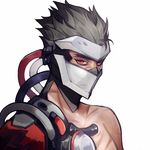  alternate_costume armor black_hair blackwatch_genji cable covered_face cyborg ez_1011 face_mask genji_(overwatch) grey_hair helmet looking_at_viewer male_focus mask mechanical_arm overwatch plug red_eyes scar simple_background solo spiked_hair upper_body white_background 