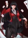  ace_of_clubs ace_of_spades bangs black_hair black_skirt blunt_bangs breasts card feet highres jabami_yumeko kakegurui large_breasts loafers pantyhose playing_card red_eyes shoes shoes_removed skirt soles solo solo_(twsolo) thighband_pantyhose toes 