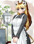  alternate_costume animal_ears apron blonde_hair blue_eyes blush brooch brown_hair chalkboard dated eyebrows_visible_through_hair giraffe_ears giraffe_horns giraffe_tail happa_(cloverppd) jewelry kemono_friends lamppost long_hair long_sleeves looking_at_viewer maid maid_apron maid_headdress multicolored_hair own_hands_together plant reticulated_giraffe_(kemono_friends) sash schatzkiste signature smile solo very_long_hair white_hair 