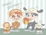  animal_hat banana black_hair blonde_hair blue-framed_eyewear bow bowtie chibi cosplay dog dog_hat food formal fruit gift glasses happy_birthday hat katsuki_yuuri male_focus minami_kenjirou monkey monkey_hat monkichi_(sanrio) monkichi_(sanrio)_(cosplay) multicolored_hair multiple_boys pochacco pochacco_(cosplay) red_hair sanrio snowchild suit two-tone_hair yuri!!!_on_ice 