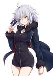  bad_id bad_pixiv_id black_dress cowboy_shot credit_card dress fate/grand_order fate_(series) fur_trim holding jacket jeanne_d'arc_(alter)_(fate) jeanne_d'arc_(fate)_(all) looking_at_viewer open_clothes open_jacket parted_lips shiunnkaku short_dress short_hair silver_hair solo wicked_dragon_witch_ver._shinjuku_1999 yellow_eyes 