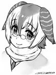  blush campo_flicker_(kemono_friends) dated eyebrows_visible_through_hair glasses greyscale hair_between_eyes happa_(cloverppd) head_wings kemono_friends looking_at_viewer monochrome multicolored_hair necktie pince-nez scarf signature simple_background smile solo upper_body white_background 