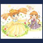  :d :o blue_eyes blush brown_eyes brown_hair clover crown dated dress flower graphite_(medium) grass iruku kneeling kukuri looking_at_another mahoujin_guruguru multiple_girls open_mouth outdoors outstretched_arms popurieru red_footwear shoes short_twintails smile staff traditional_media twintails watercolor_pencil_(medium) yellow_dress 