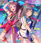  2girls :d artist_name badge bang_dream! bangs black_hair blue_flower blue_ribbon blush boots brown_hair button_badge cable center_frills electric_guitar flower green_eyes green_flower guitar hair_flower hair_ornament hanazono_tae headset instrument knee_boots long_hair medium_hair multicolored multicolored_clothes multicolored_skirt multiple_girls music musical_note musical_note_print open_mouth orange_flower pink_flower playing_instrument pleated_skirt plectrum purple_eyes ribbon short_sleeves signature skirt smile sparkle star toyama_kasumi wa-kun wrist_ribbon 