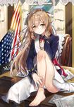  :o american_flag bad_id bad_pixiv_id bangs boots brown_hair character_name dress eyebrows_visible_through_hair flag flush girls_frontline gloves gloves_removed green_eyes hair_between_eyes hand_in_hair hand_up highres indoors jacket leaning_forward leg_up lips long_hair looking_at_viewer m1903_springfield_(girls_frontline) meoneo military military_uniform nail_polish open_clothes open_jacket shoes_removed sitting solo sparkle uniform white_background white_dress 