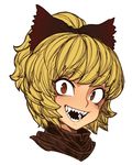  :d blonde_hair bow brown_bow brown_eyes commentary_request eyebrows face kurodani_yamame looking_at_viewer open_mouth sharp_teeth short_hair simple_background slit_pupils smile space_jin teeth touhou white_background 