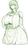  ascot breasts commentary_request cowboy_shot dress_shirt frown highres huge_breasts kazami_yuuka looking_at_viewer monochrome plaid plaid_skirt plaid_vest shirt short_hair skirt solo space_jin touhou vest white_background 