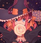  bat blue_eyes blush candy covering_mouth earrings elizabeth_bathory_(fate) elizabeth_bathory_(fate)_(all) elizabeth_bathory_(halloween)_(fate) fate/grand_order fate_(series) food hair_ribbon hat high_collar highres holding_lollipop horns jewelry lollipop looking_at_viewer mozu_(teluto) pink_hair pointy_ears ribbon sky solo star star_(sky) star_print starry_sky swirl_lollipop two_side_up upper_body witch_hat 
