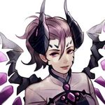  crystal ez_1011 gem hair_between_eyes horns imp_mercy lips lipstick looking_at_viewer makeup medium_hair mercy_(overwatch) overwatch parted_lips ponytail purple_eyes purple_hair purple_wings red_lipstick shirt simple_background smile solo white_background white_shirt wings 
