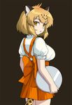  alternate_costume animal_ears anna_miller blonde_hair blush breasts commentary_request iwahana jaguar_(kemono_friends) jaguar_ears jaguar_tail kemono_friends large_breasts looking_at_viewer looking_back open_mouth orange_skirt short_hair short_sleeves simple_background skirt solo tail tray underbust waitress 