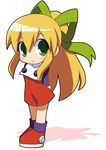  :&gt; arms_behind_back bangs blonde_hair blue_shirt blush chibi closed_mouth commentary_request dress eyebrows_visible_through_hair full_body green_eyes green_ribbon hair_between_eyes hair_ribbon long_hair long_sleeves looking_at_viewer osaragi_mitama ponytail red_dress red_footwear ribbon rockman rockman_(classic) roll shadow shirt shoes sidelocks smile solo standing turtleneck turtleneck_dress undershirt white_background 