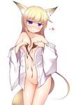  1girl amoriro animal_ears blonde_hair blue_eyes chocolate female flat_chest heart navel off_shoulder open_clothes original simple_background smile solo tail white_background 