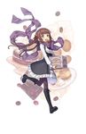  black_footwear boots breasts brown_eyes brown_hair candy cookie cross-laced_footwear eating food full_body hair_ornament highres kisaragi_(princess_principal) lace-up_boots long_hair looking_at_viewer mouth_hold official_art open_mouth pantyhose princess_principal princess_principal_game_of_mission purple_legwear purple_scarf running scarf school_uniform skirt slice_of_pie small_breasts standing standing_on_one_leg sweets transparent_background twintails white_skirt 