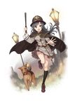  belt_pouch black_hair black_legwear brown_cape brown_footwear brown_hat brown_skirt cape club dog full_body hat highres house kneehighs lamppost long_hair night official_art open_mouth outdoors pocket_watch police_hat pouch princess_principal princess_principal_game_of_mission purple_eyes running shoes skirt sophie_mackenzie transparent_background truncheon watch weapon 