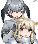  animal_ears armor black_hair blonde_hair brown_eyes collared_shirt dated drill_hair extra_ears eyebrows_visible_through_hair gloves gradient_hair green_eyes grey_gloves grey_hair grey_shirt hairdressing hand_in_hair happa_(cloverppd) head_wings kemono_friends multicolored_hair multiple_girls ponytail rhinoceros_ears shirt shoebill_(kemono_friends) short_sleeves signature smile twin_drills white_background white_rhinoceros_(kemono_friends) 