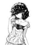  bare_shoulders closed_mouth commentary_request curly_hair greyscale hand_up head_tilt horns jaco long_skirt looking_at_viewer monochrome open_toe_shoes original overalls pointy_ears short_hair skirt slit_pupils solo standing upper_body white_background 