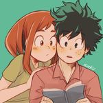  1girl artist_name blush_stickers boku_no_hero_academia brown_eyes brown_hair casual cheek-to-cheek collar commentary freckles green_background green_eyes green_hair green_shirt hand_on_shoulder hands_on_another's_shoulders lowres midoriya_izuku notebook parted_lips reading red_shirt saku_(ladyfubuki) shirt short_hair sidelocks simple_background teeth upper_body uraraka_ochako 