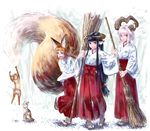  animal_ear_fluff animal_ears bangs blonde_hair blue_eyes broom cat eyebrows fang fox_ears fox_girl_(jaco) fox_tail hakama holding holding_broom horned_girl_(jaco) horns jaco japanese_clothes kimono large_tail long_sleeves looking_to_the_side miko multiple_girls nail_polish open_mouth original parted_lips red_eyes red_hakama red_nails sandals short_hair sketch slit_pupils smile standing standing_on_one_leg tabi tail tears thick_eyebrows white_hair white_kimono white_legwear wide_sleeves 