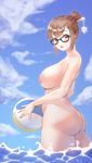 :o artist_name bad_id bad_pixiv_id ball bangs beachball black-framed_eyewear blue_nails blue_sky blush breasts brown_eyes brown_hair cloud cloudy_sky collarbone cowboy_shot day eyebrows_visible_through_hair eyelashes fingernails from_side glasses groin hair_bun hair_ornament hair_stick harry_(dudwofla) highres holding holding_ball huge_breasts legs_together looking_at_viewer mei_(overwatch) nail_polish nipples nude open_mouth outdoors overwatch short_hair sky snowflake_hair_ornament solo standing thighs wading water 