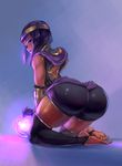  absurdres arched_back ass bad_feet bare_shoulders barefoot circlet cutesexyrobutts dark_skin error feet highres long_hair looking_at_viewer looking_back menat purple_eyes purple_hair purple_legwear skindentation soles solo stirrup_legwear street_fighter street_fighter_v thighhighs thighs toeless_legwear toes 