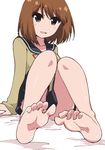  1girl absurdres barefoot brown_eyes brown_hair feet looking_at_viewer parted_lips pov pov_feet serafuku sitting soles teekyuu toes 