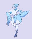  2019 anisodactyl anthro avian barefoot barely_visible_genitalia barely_visible_pussy beak ber00 big_breasts bird blue_eyes blue_feathers breasts clothed clothing feathers female full-length_portrait hand_on_hip hi_res huge_breasts legwear looking_at_viewer midriff navel nipple_bulge portrait pussy shirt smile solo t-shirt thick_thighs thigh_highs thong tweetfur twitter wings 