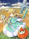  beads blonde_hair blue_dress blue_eyes cross dress gipple graphite_(medium) hair_ornament juju_coo_shnamur long_hair mahoujin_guruguru mijica outdoors smile standing sword traditional_media weapon 