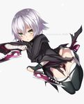  :o artist_name bandaged_arm bandages black_gloves black_legwear blush dagger facial_scar fate/apocrypha fate_(series) fingerless_gloves gloves green_eyes jack_the_ripper_(fate/apocrypha) looking_at_viewer scar scar_across_eye scar_on_cheek short_hair silver_hair single_glove solo thighhighs weapon yamai_fake 