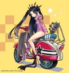  ankle_cuffs ankle_ribbon barefoot black_hair black_ribbon checkered checkered_background fate/grand_order fate_(series) ground_vehicle gugalanna highres ishtar_(fate/grand_order) ishtar_(swimsuit_rider)_(fate) jacket legs long_hair long_legs looking_at_viewer motor_vehicle motorcycle patreon_username phandit_thirathon pink_jacket pink_legwear red_eyes ribbon scooter sidesaddle single_thighhigh sitting solo star thighhighs twintails vespa yellow_background 