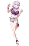  bracelet breasts choker cleavage jewelry large_breasts leg_up long_hair looking_at_viewer mole necklace non-web_source official_art one_eye_closed open_mouth purple_hair red_eyes sandals short_shorts short_sleeves shorts simple_background solo strea sweat sword_art_online white_background 
