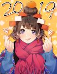  1girl 2019 :q bangs blanket blue_shirt brown_hair character_request commentary_request copyright_request drop_shadow earrings food food_on_head fruit fruit_on_head hair_bun hands_up heart highres jewelry kagami_mochi kate_iwana lips long_sleeves looking_at_viewer mandarin_orange nail_polish new_year object_on_head orange_background purple_eyes red_nails red_scarf scarf shirt short_hair snapping_fingers solo sweatshirt tassel_earrings tongue tongue_out upper_body 