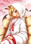  animal_ears blonde_hair blush bride cherry_blossoms commentary_request fan folding_fan fox_ears fox_tail hands_together heart heart_tail highres hood japanese_clothes jewelry kayou_(sennen_sensou_aigis) kimono looking_at_viewer minaha_(playjoe2005) multiple_tails pink_eyes ring sennen_sensou_aigis short_hair smile solo tail uchikake wedding_ring 