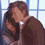  1girl aconitea black_hair brown_hair closed_eyes doctor_who eleventh_doctor open_mouth original smile suit_jacket the_doctor window 
