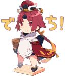 1girl apron benienma_(fate/grand_order) bow chibi commentary_request eyebrows_visible_through_hair fate/grand_order fate_(series) feather_trim full_body geta hair_ribbon hat highres long_sleeves looking_at_viewer pekeko_(pepekekeko) pocket ponytail red_eyes red_hair ribbon rice_cooker rice_spoon smile solo standing translation_request white_background wide_sleeves wood 