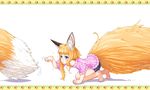  :&lt; all_fours animal_ear_fluff animal_ears bare_legs bare_shoulders barefoot blonde_hair blue_eyes blue_shorts blush commentary_request fox_ears fox_girl fox_girl_(jaco) fox_tail frame from_side jaco large_tail long_hair loop motion_lines original outside_border parted_lips paw_pose paw_print pink_sweater ribbed_sweater shorts simple_background solo sparkle sweater tail tileable white_background 